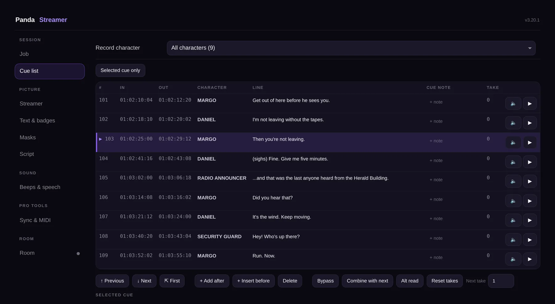 The Panda Streamer control page: a cue list with cue numbers, In and Out timecodes, characters and lines, cue 103 selected, and play and mute buttons on each row.